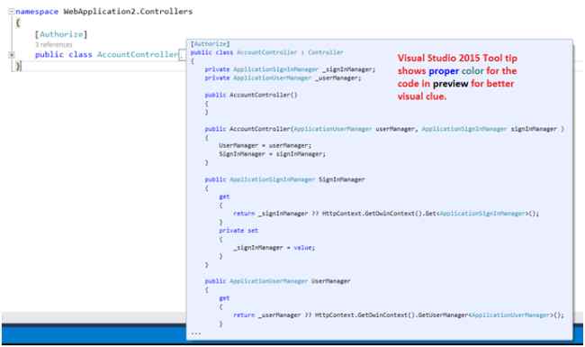 Colored Tool tip preview in Visual Studio 2015